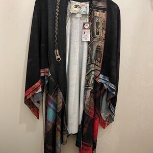 Artistic Black and Red Cape with Architectural Print